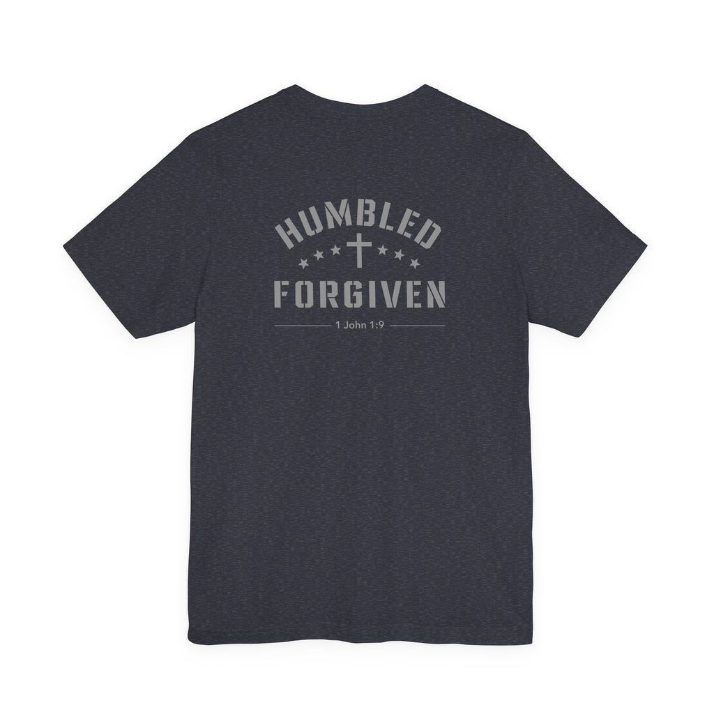heather navy t-shirt with 'Humbled+Forgiven' text on the back against a white background
