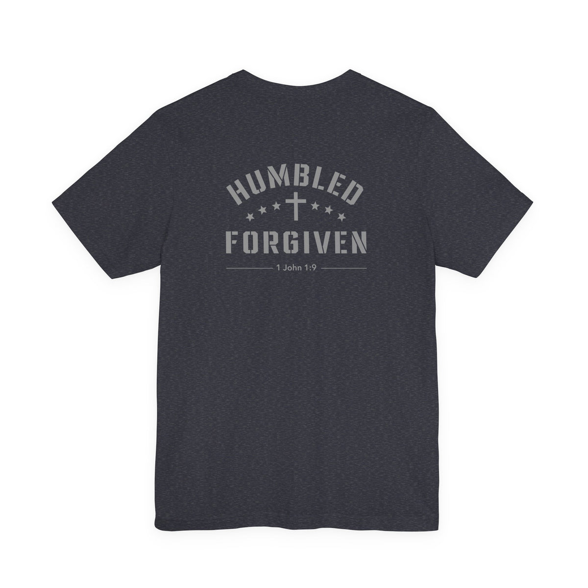 heather navy t-shirt with 'Humbled+Forgiven' text on the back against a white background