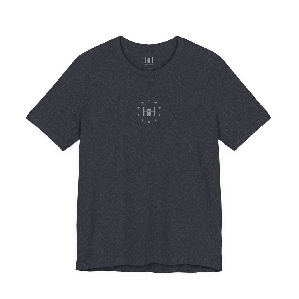 heather navy t-shirt with 'Humble+Hopeful' logo on the front