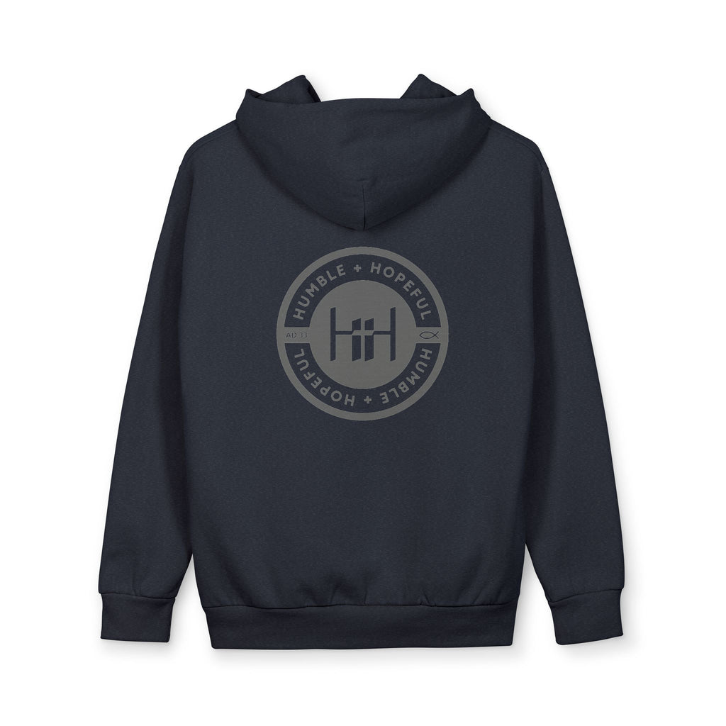 Navy hoodie with 'Humble+Hopeful' logo on the back against a white background