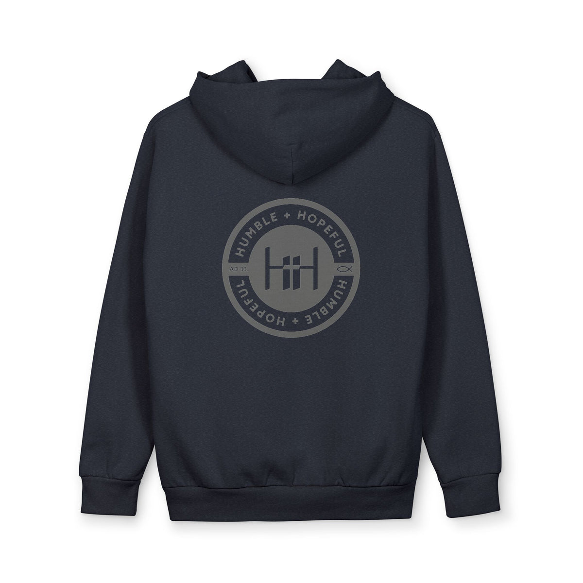 Navy hoodie with 'Humble+Hopeful' logo on the back against a white background