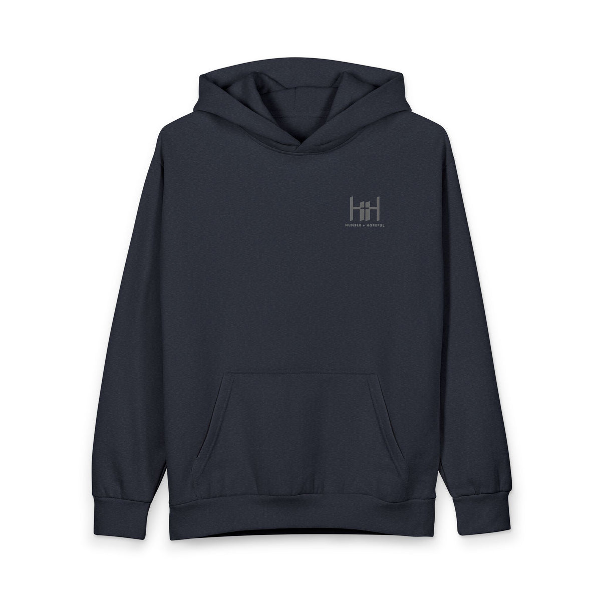 Navy hoodie with 'Humble+Hopeful' logo on the back against a white background