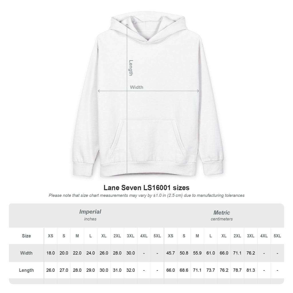 Oversized hoodie with size chart on a white background