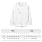 Oversized hoodie with size chart on a white background