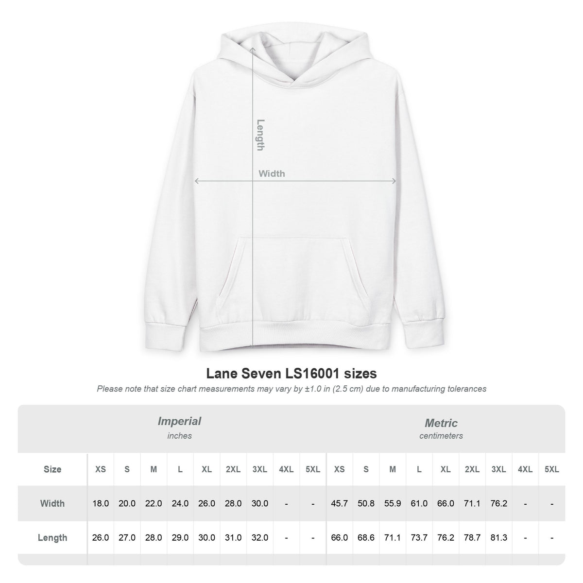 Oversized hoodie with size chart on a white background
