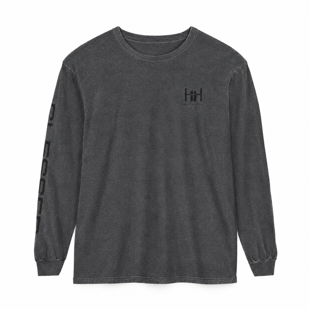 Pepper grey long sleeve t-shirt with 'Humble+Hopeful' logo on a white background