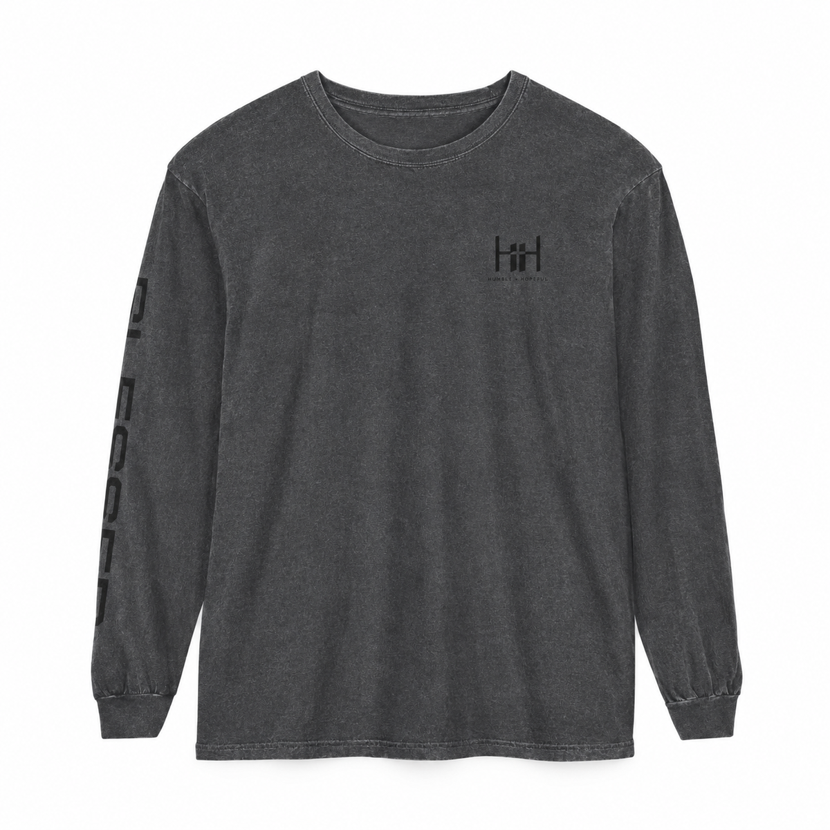Pepper grey long sleeve t-shirt with 'Humble+Hopeful' logo on a white background