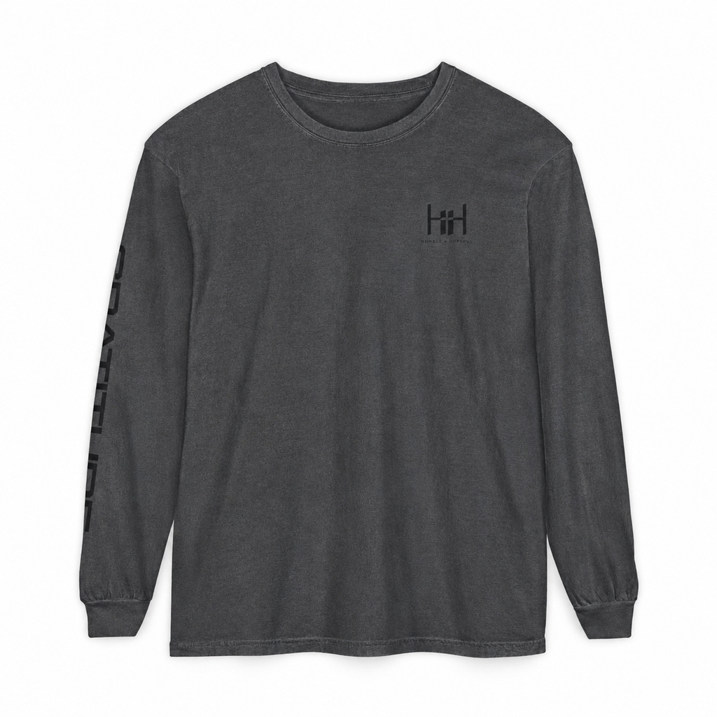 A pepper gray long-sleeve t-shirt with a small black 'H+H' logo on the left chest and a vertical black graphic on the right sleeve, shown on a plain white background.