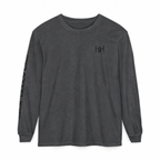 A pepper gray long-sleeve t-shirt with a small black 'H+H' logo on the left chest and a vertical black graphic on the right sleeve, shown on a plain white background.