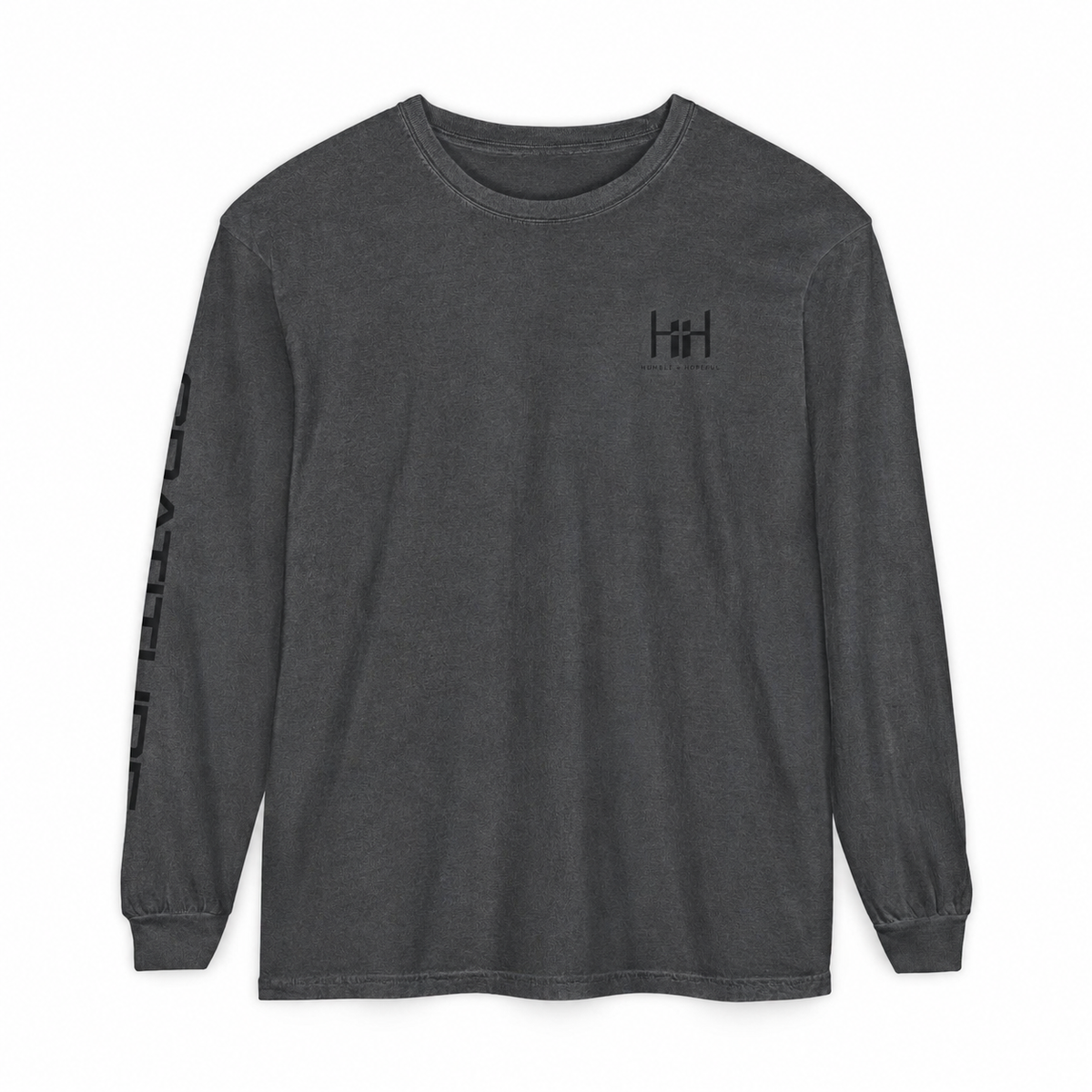 A pepper gray long-sleeve t-shirt with a small black 'H+H' logo on the left chest and a vertical black graphic on the right sleeve, shown on a plain white background.