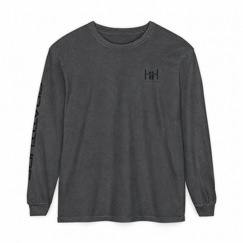 A pepper gray long-sleeve t-shirt with a small black 'H+H' logo on the left chest and a vertical black graphic on the right sleeve, shown on a plain white background.