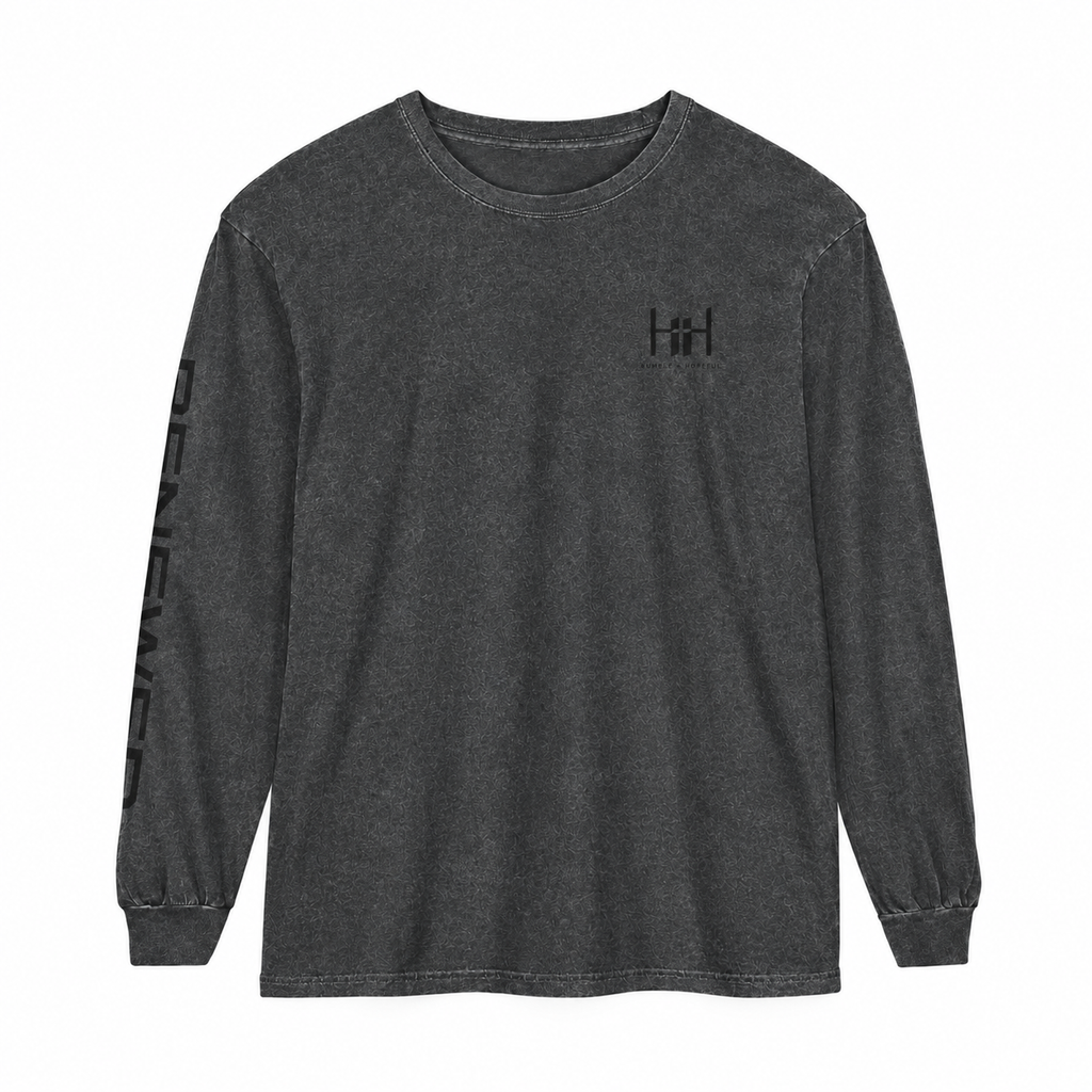 Pepper long sleeve t-shirt with 'Humble+Hopeful' logo on a white background