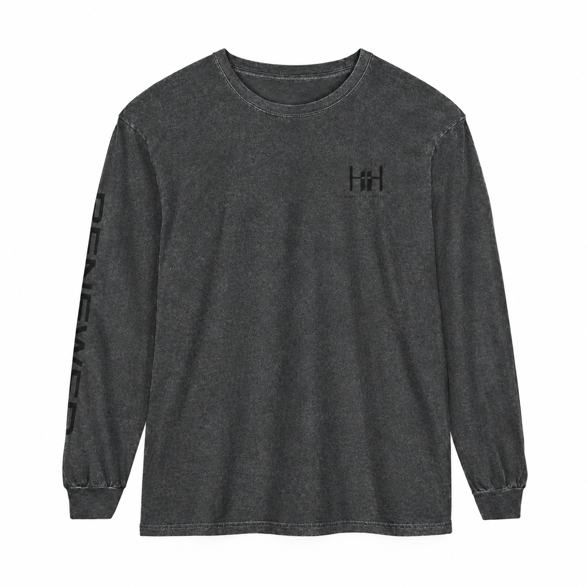 Pepper long sleeve t-shirt with 'Humble+Hopeful' logo on a white background