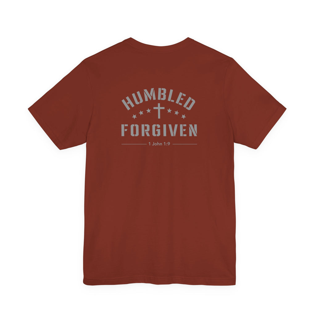 rust t-shirt with 'Humbled+Forgiven' text on the back against a white background