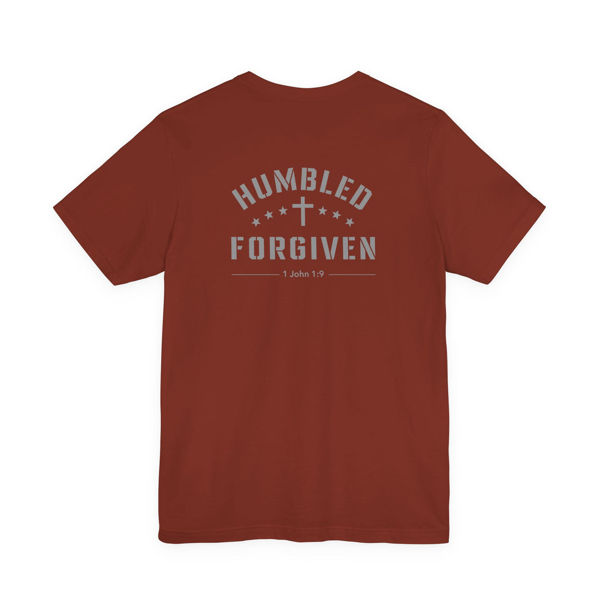 rust t-shirt with 'Humbled+Forgiven' text on the back against a white background