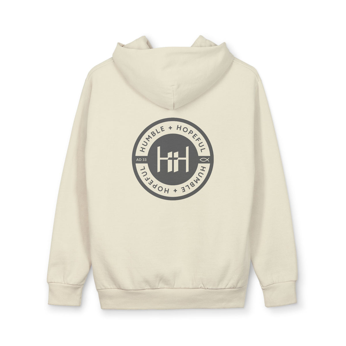 Sandshell colored hoodie with 'Humble+Hopeful' logo on the back against a white background