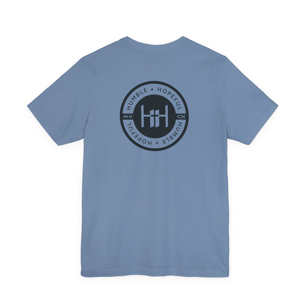 Steel blue t-shirt with 'Humble+Hopeful' logo on a white background