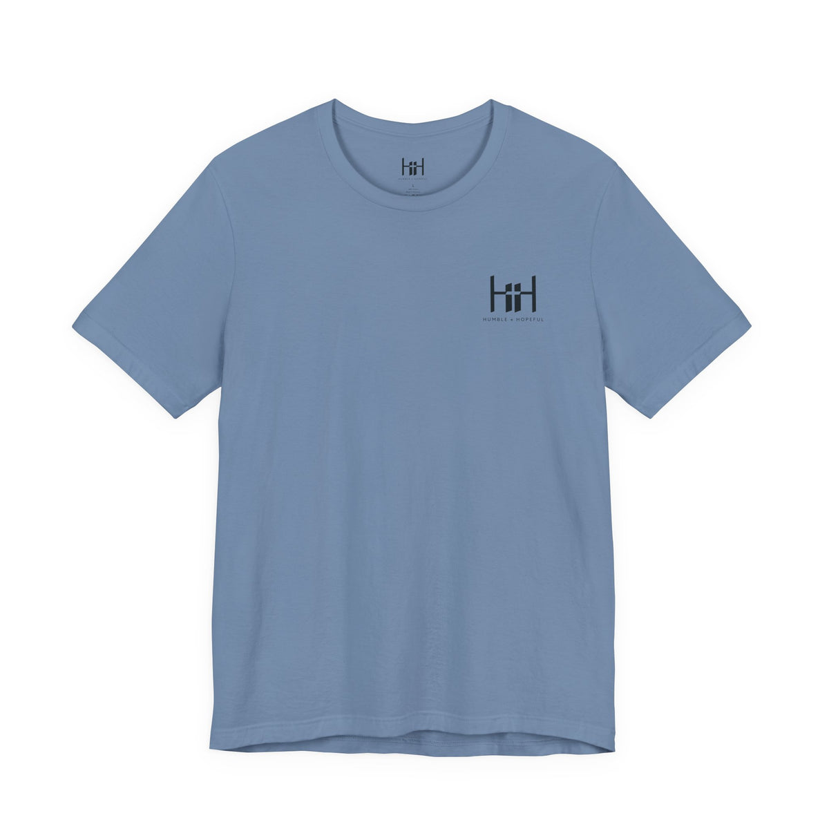 Steel blue t-shirt with 'Humble+Hopeful' logo on a white background