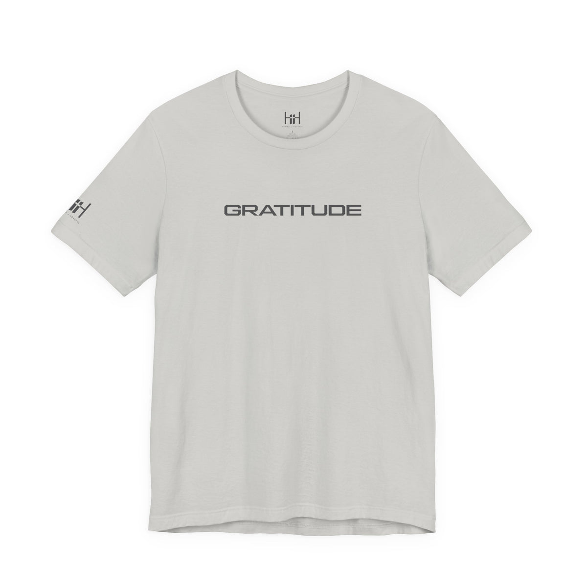 silver t-shirt with GRATITUDE written on the front