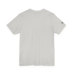 A silver short-sleeve t-shirt shown from the back, featuring a small black graphic logo on the left sleeve, set against a plain white background.