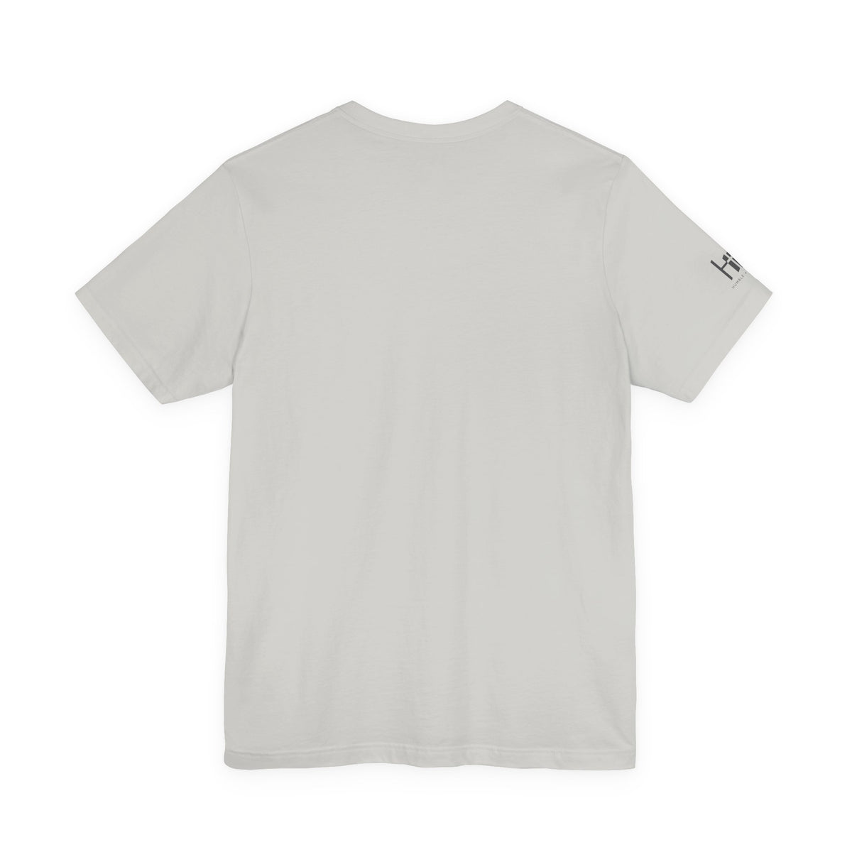 A silver short-sleeve t-shirt shown from the back, featuring a small black graphic logo on the left sleeve, set against a plain white background.