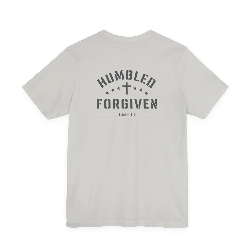 silver t-shirt with 'Humbled+Forgiven' text on the back against a white background