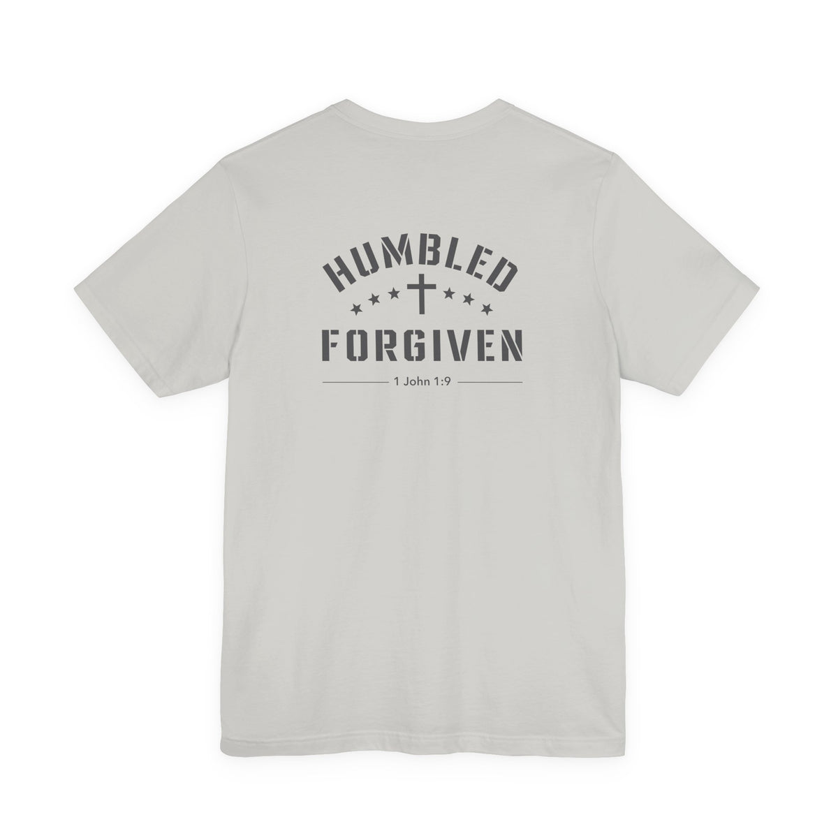 silver t-shirt with 'Humbled+Forgiven' text on the back against a white background