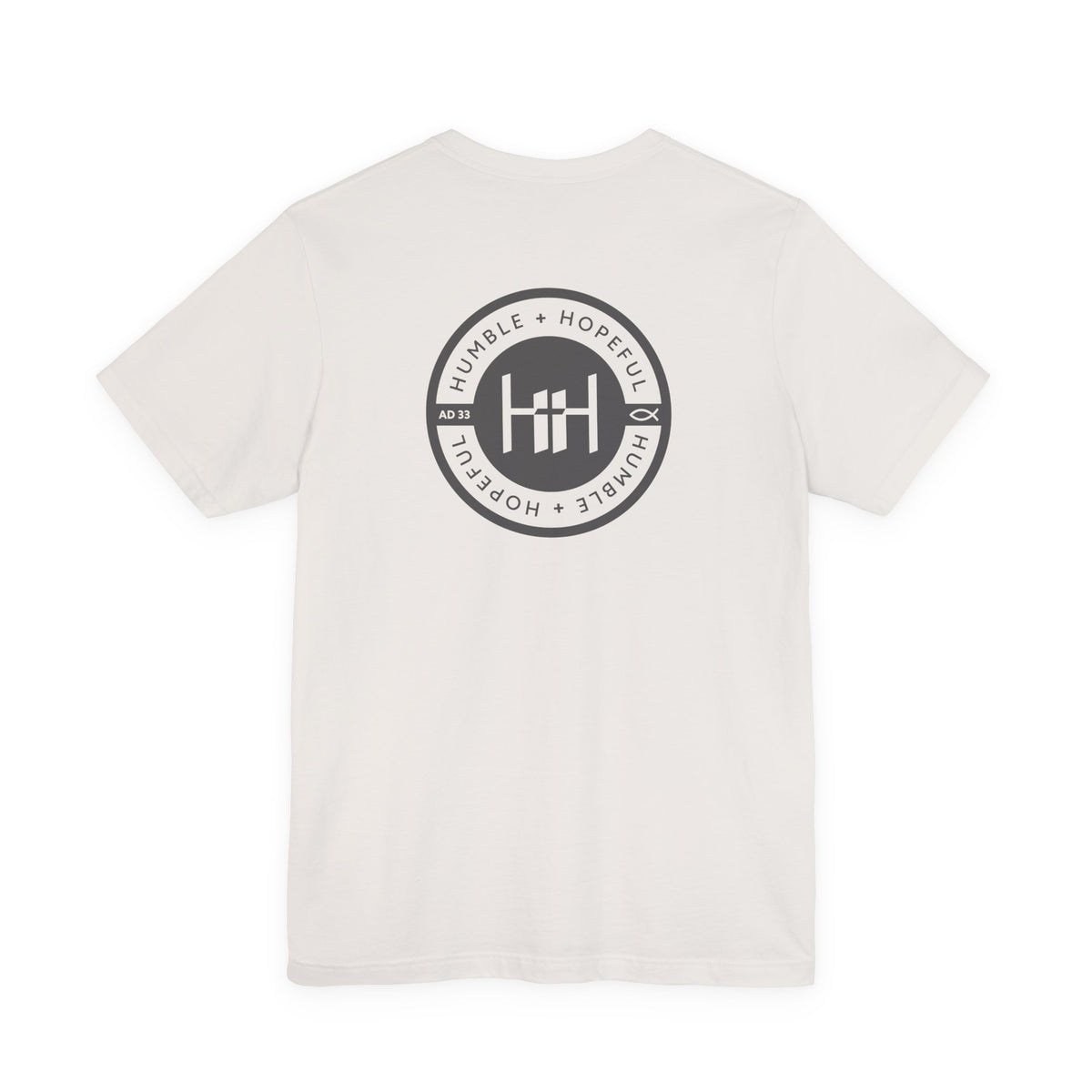 white t-shirt with 'Humble+Hopeful' logo on a white background