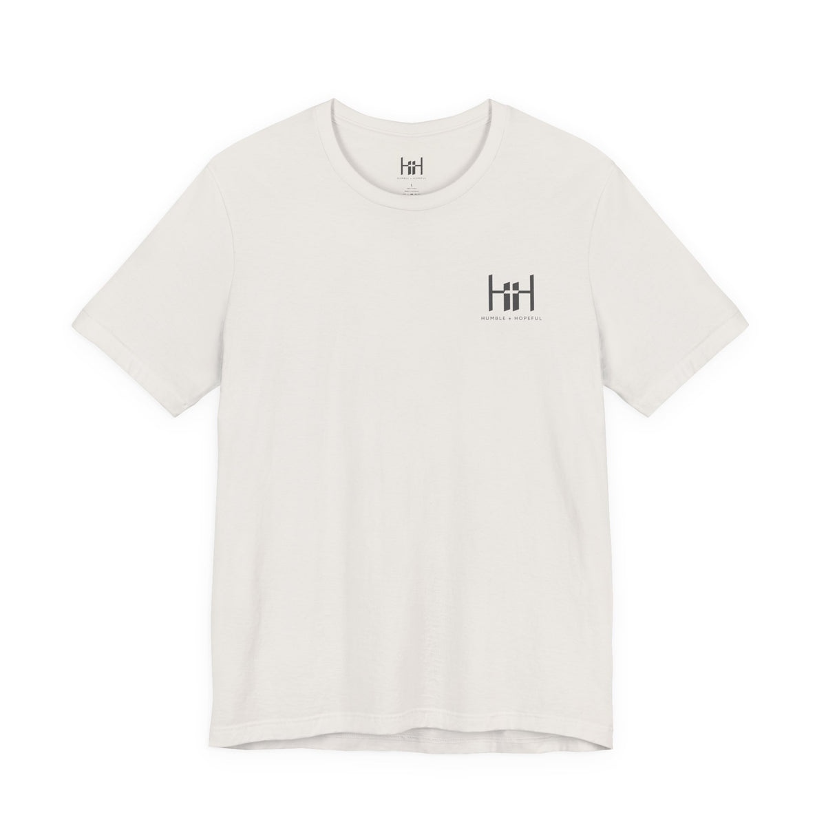 white t-shirt with 'Humble+Hopeful' logo on a white background
