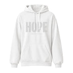 A white pullover hoodie with a front kangaroo pocket and drawstrings, featuring the word 'HOPE' printed in a textured gray pattern across the chest, with the smaller text 'HUMBLE = HOPEFUL' underneath.