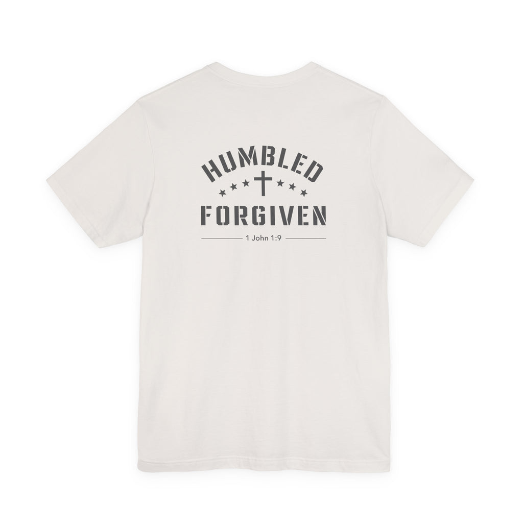 white t-shirt with 'Humbled+Forgiven' text on the back against a white background