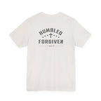 white t-shirt with 'Humbled+Forgiven' text on the back against a white background