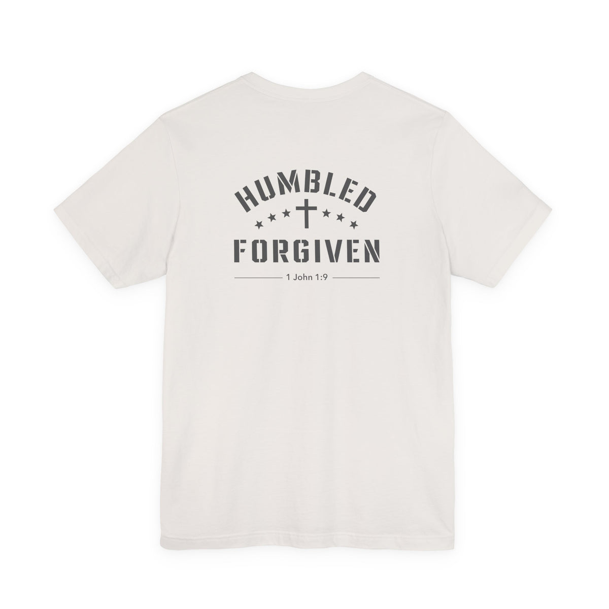 white t-shirt with 'Humbled+Forgiven' text on the back against a white background
