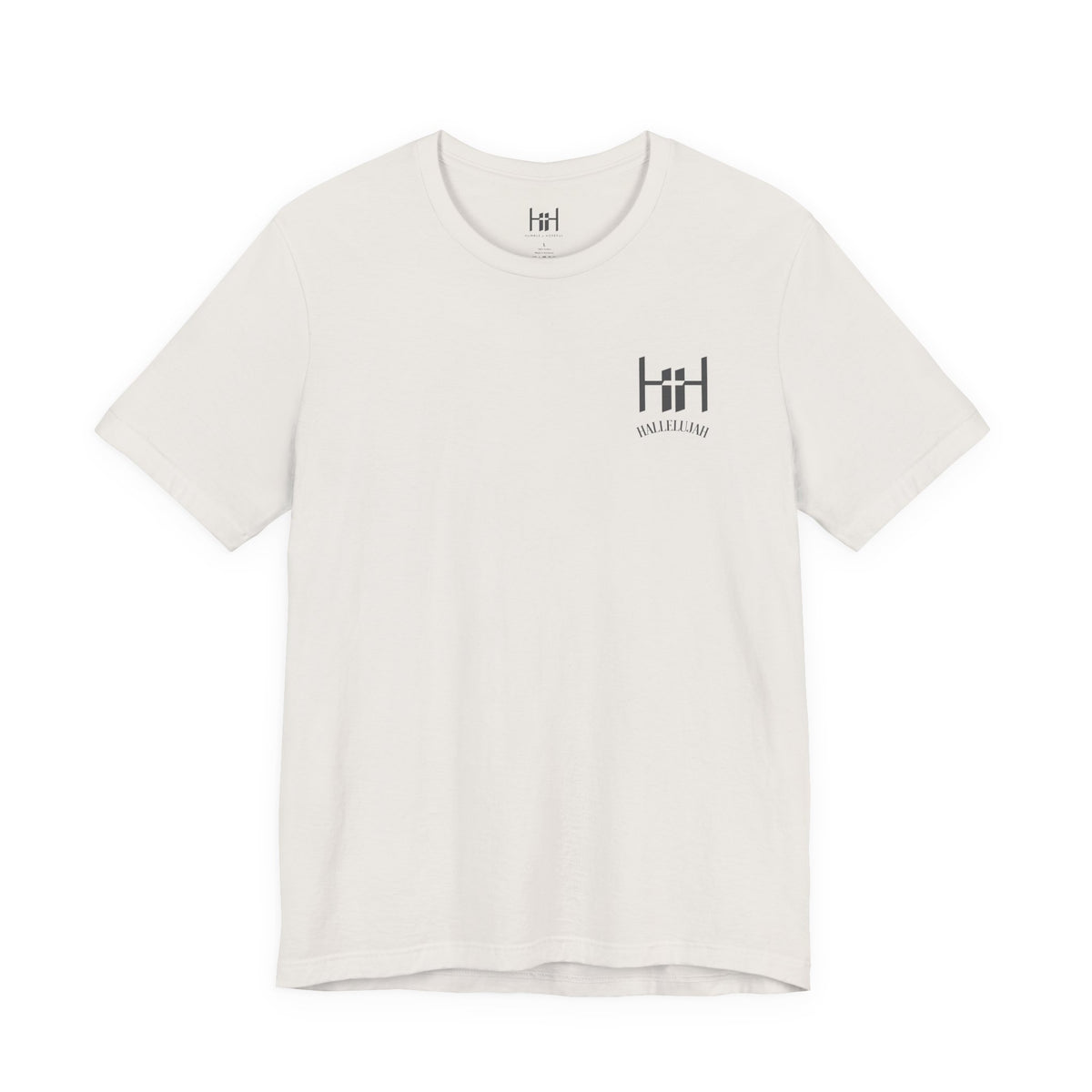 A short-sleeve crewneck t-shirt in off-white, featuring a dark gray 'Humble+Hopeful' logo printed on the left chest.